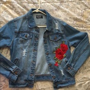 Distressed Denim Jacket with Embroidered Roses
